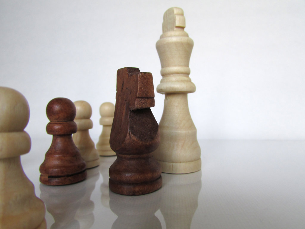 Natural and stained wooden chess pieces on a white gloss surface