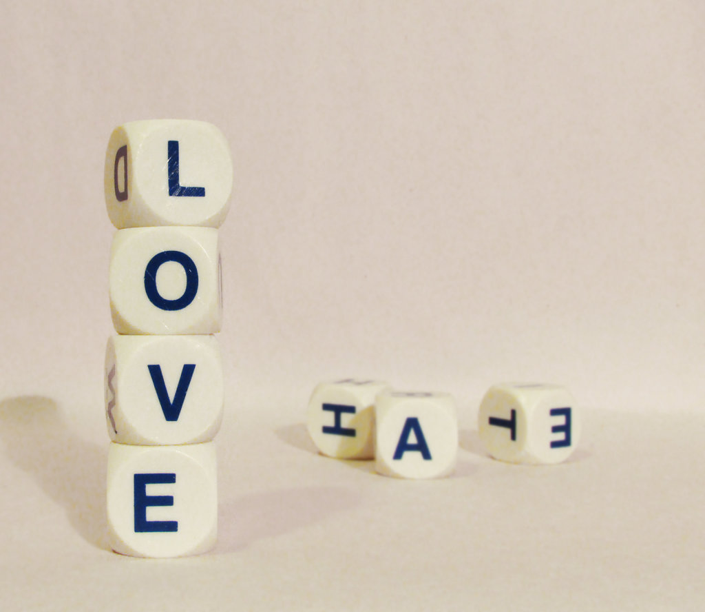 Love and hate letter cubes stacked